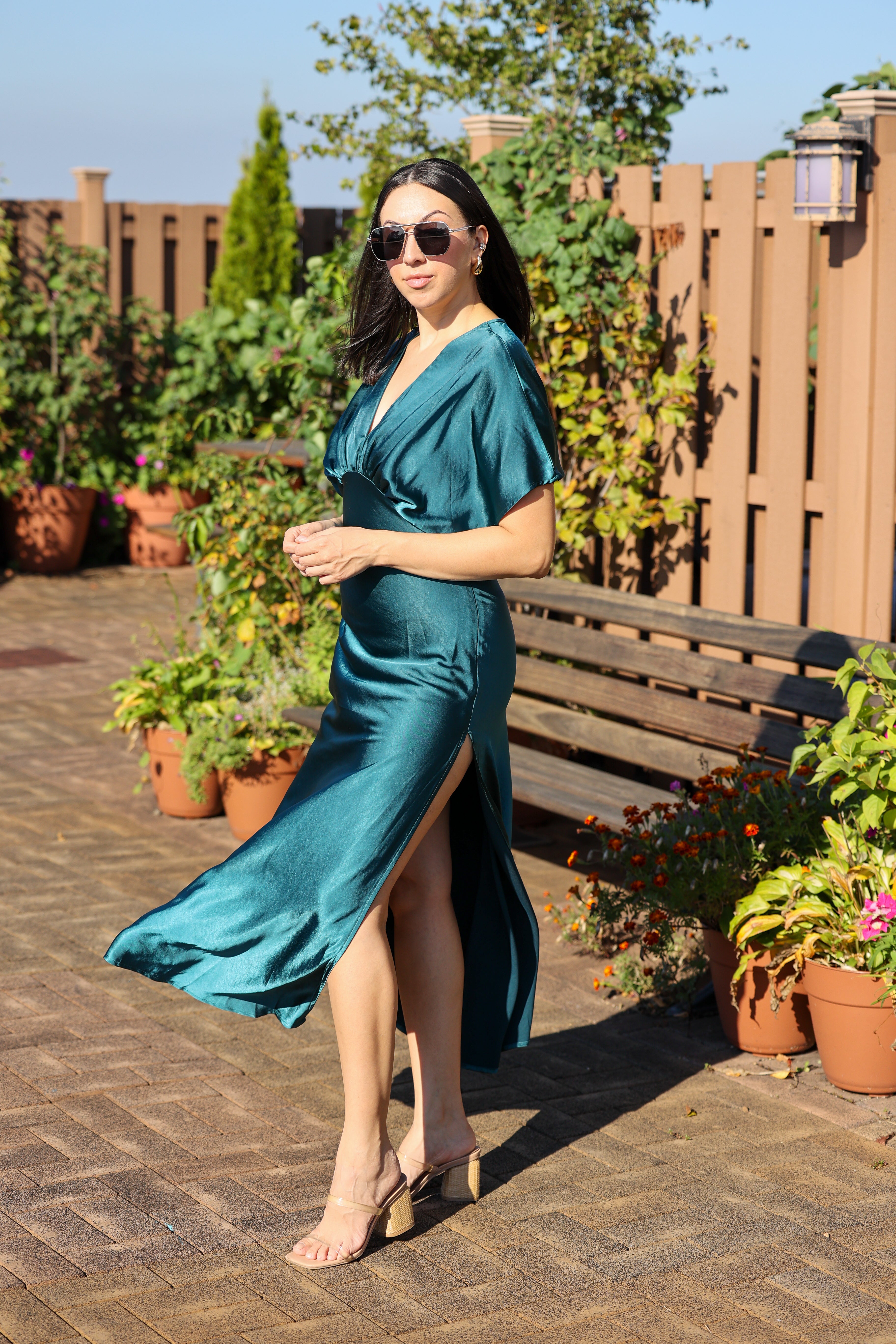 Emerald Satin Blouson Maxi Dress-Hope Dress – On The Glow